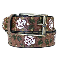 Brown Tooled Genuine Leather Western Belt with White Roses by Rockmount Ranch Wear, brass studs