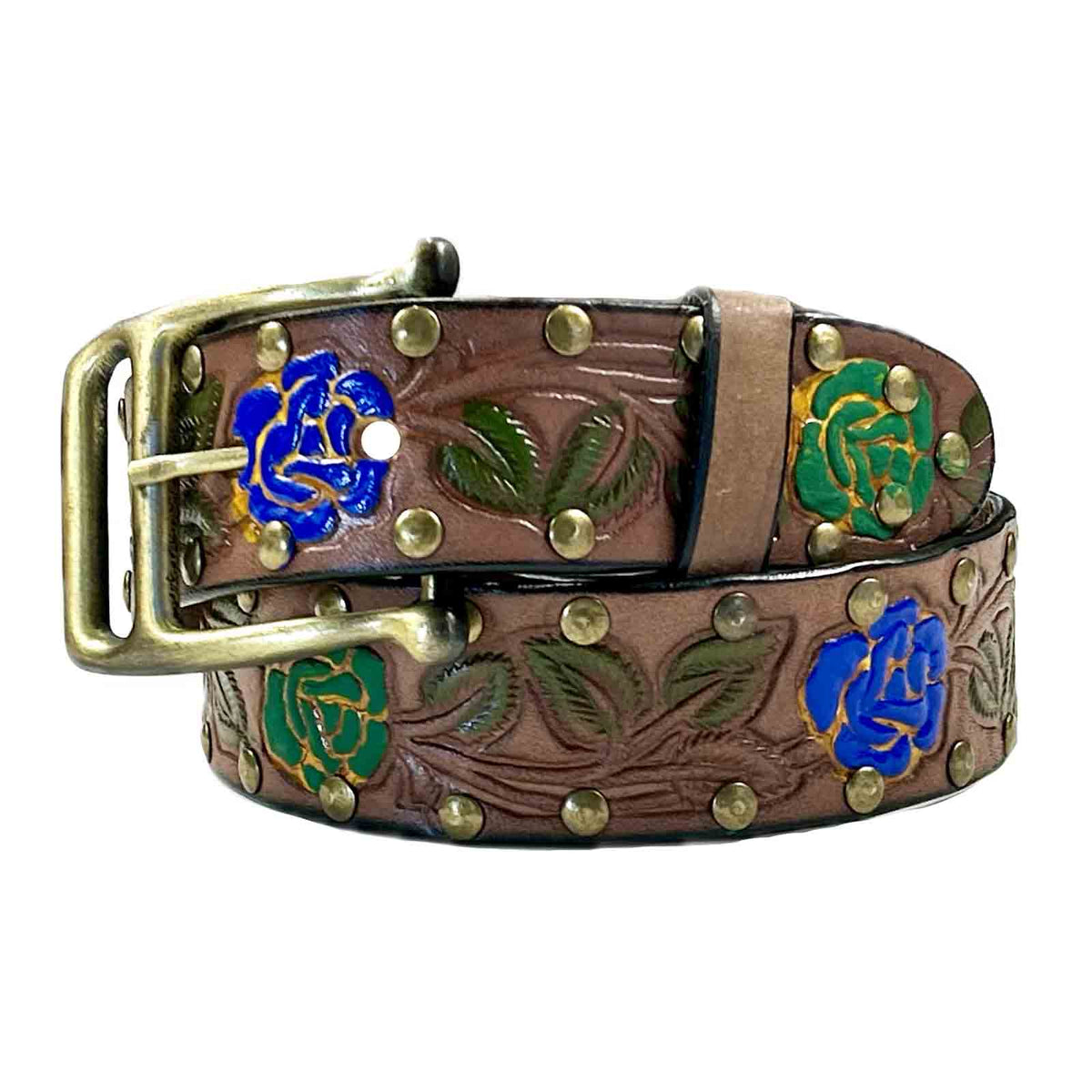 Brown Tooled Genuine Leather Western Belt with Blue Roses by Rockmount Ranch Wear, rose and leaf tooling pattern with studs