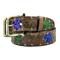Brown Tooled Genuine Leather Western Belt with Blue Roses by Rockmount Ranch Wear, rose and leaf tooling pattern with studs