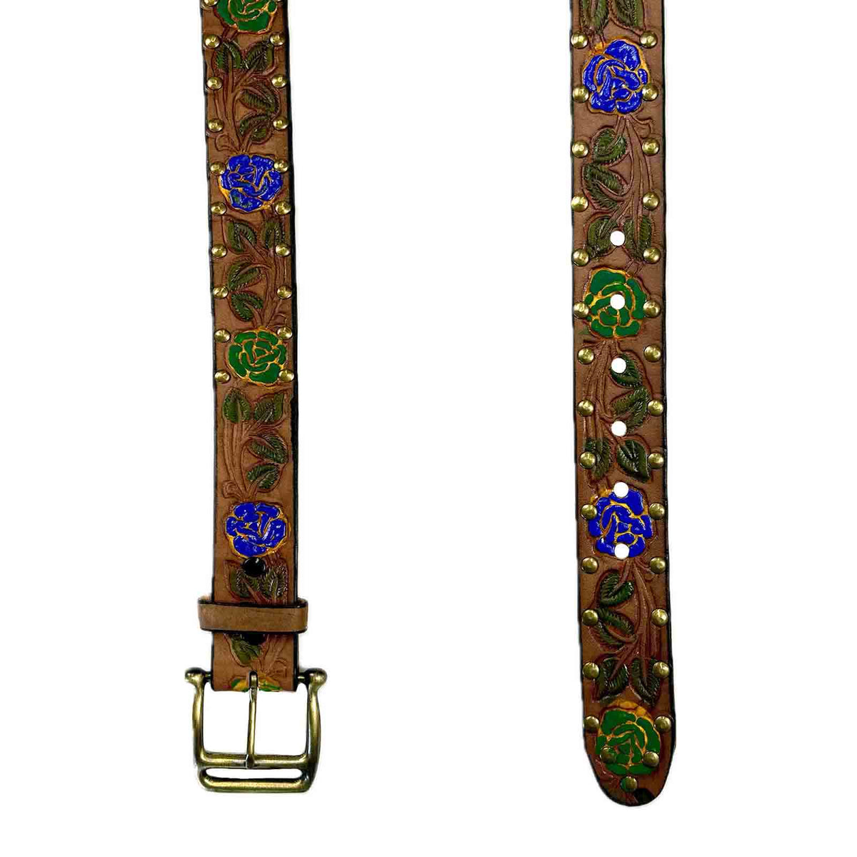 Brown Tooled Genuine Leather Western Belt with Blue Roses by Rockmount Ranch Wear, rose and leaf tooling with studs