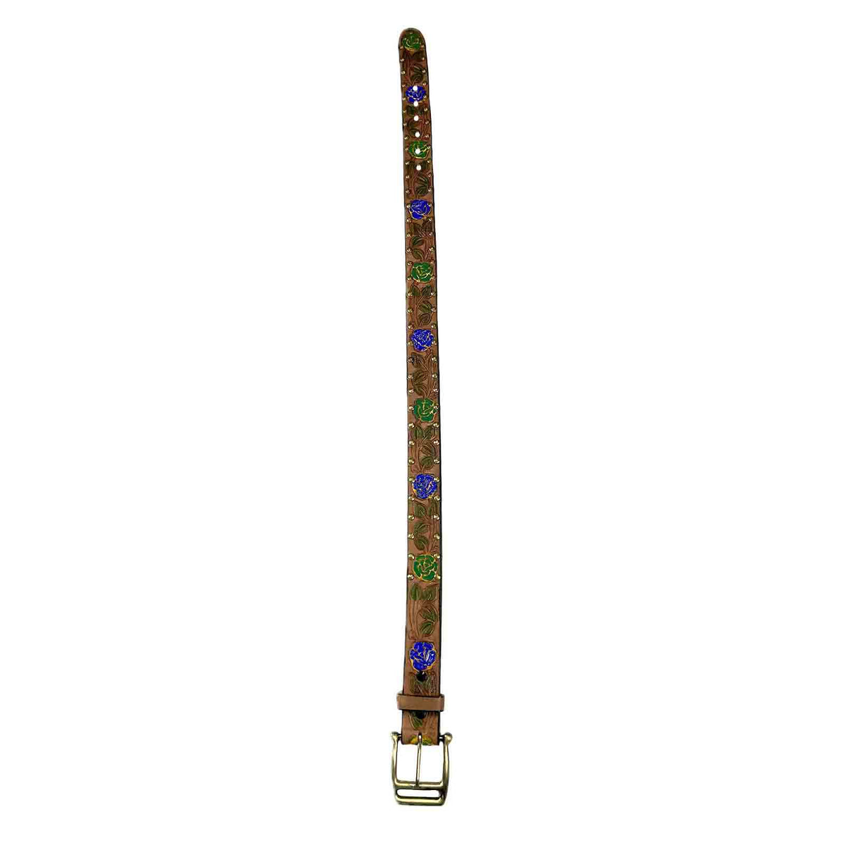 Brown Tooled Genuine Leather Western Belt with Blue Roses by Rockmount Ranch Wear, rose and leaf tooling pattern
