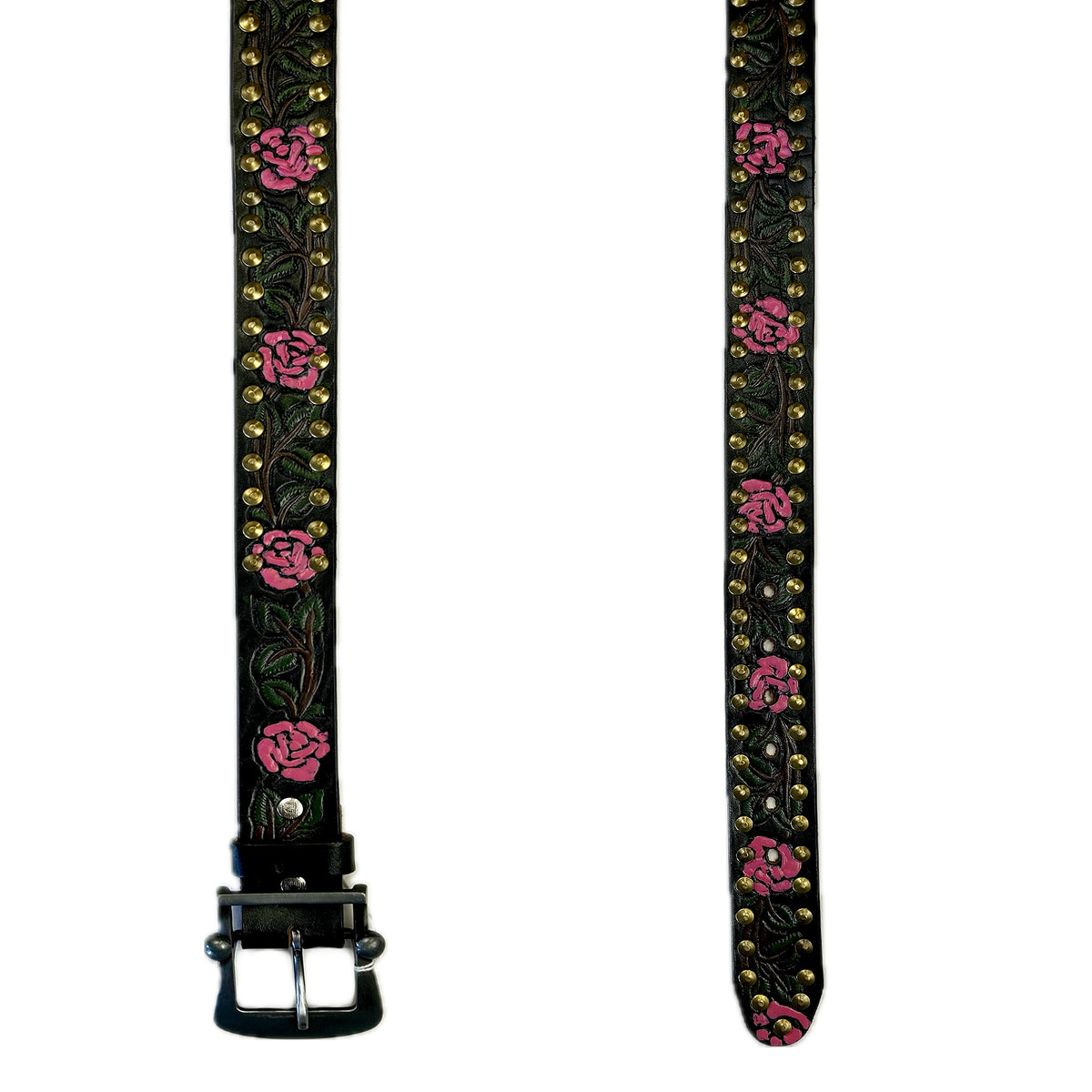 Black Tooled Genuine Leather Western Belt with Pink Roses by Rockmount Ranch Wear, brass studs and rose tooling