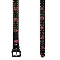 Black Tooled Genuine Leather Western Belt with Pink Roses by Rockmount Ranch Wear, brass studs and rose tooling