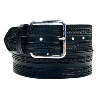 Black Tooled Check Pattern Genuine Leather Western Belt by Rockmount Ranch Wear with edge-stitched border design