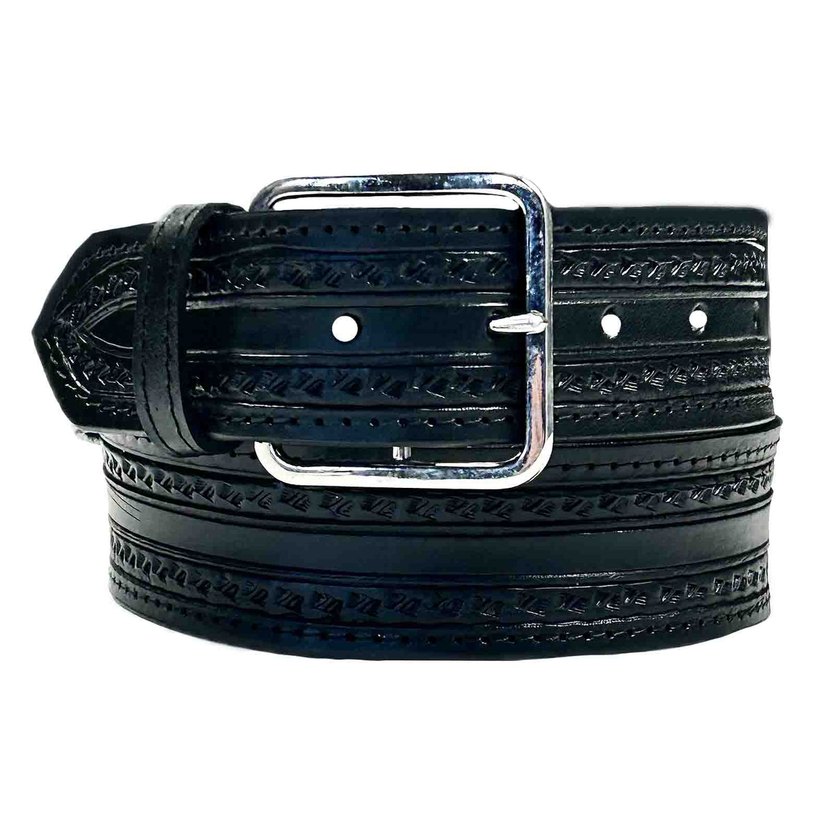 Black Tooled Check Pattern Genuine Leather Western Belt by Rockmount Ranch Wear with edge-stitched border design