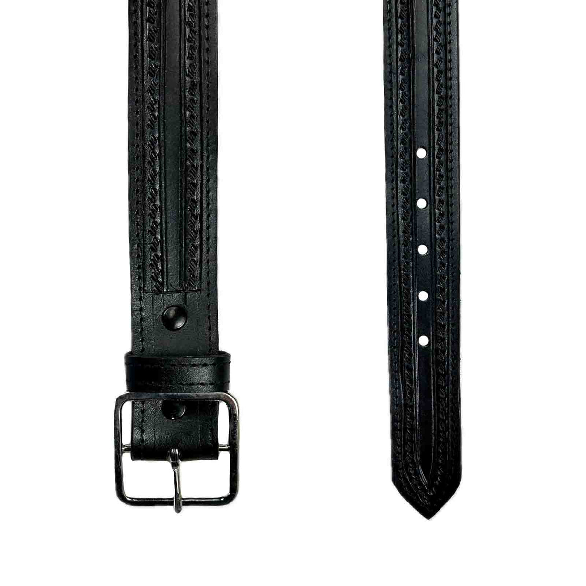 Black Tooled Check Pattern Genuine Leather Western Belt by Rockmount Ranch Wear, edge-stitched border design
