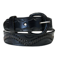 Laced and Tooled Genuine Black Leather Western Belt by Rockmount Ranch Wear with hand-laced double rows