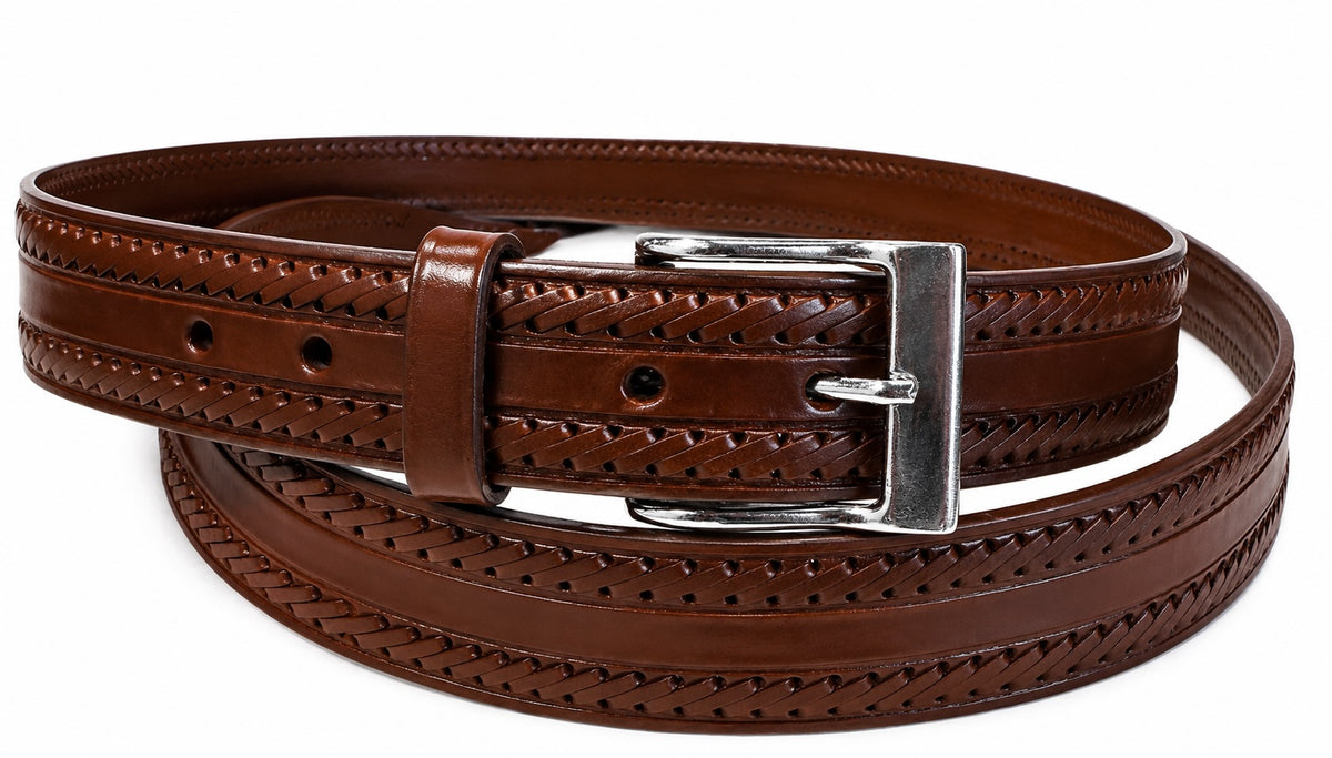 Laced and Tooled Genuine Brown Leather Western Belt by Rockmount Ranch Wear with cowhide leather tooling