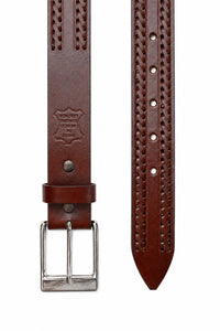 Laced and Tooled Genuine Brown Leather Western Belt by Rockmount Ranch Wear, hand-laced double rows