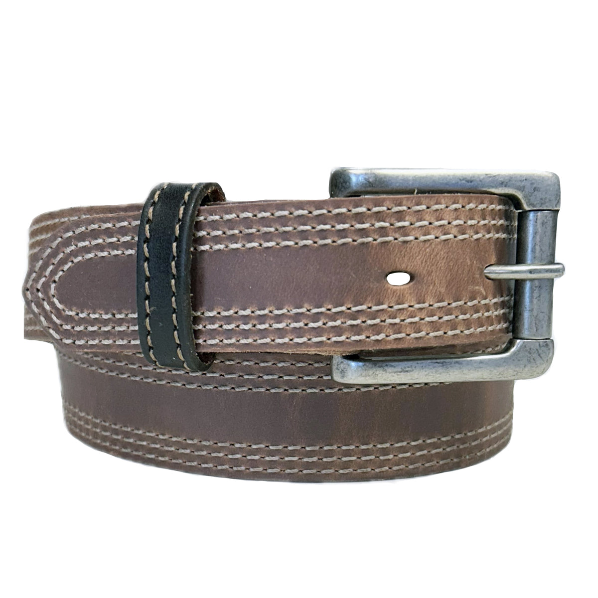 Triple Stitch Distressed Brown Leather Western Belt by Rockmount Ranch Wear with triple edge stitch detailing