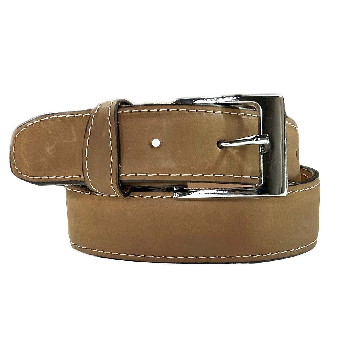 Sanded Nubuck Full Grain Genuine Leather Western Belt in Tan by Rockmount Ranch Wear, edge-stitched edges