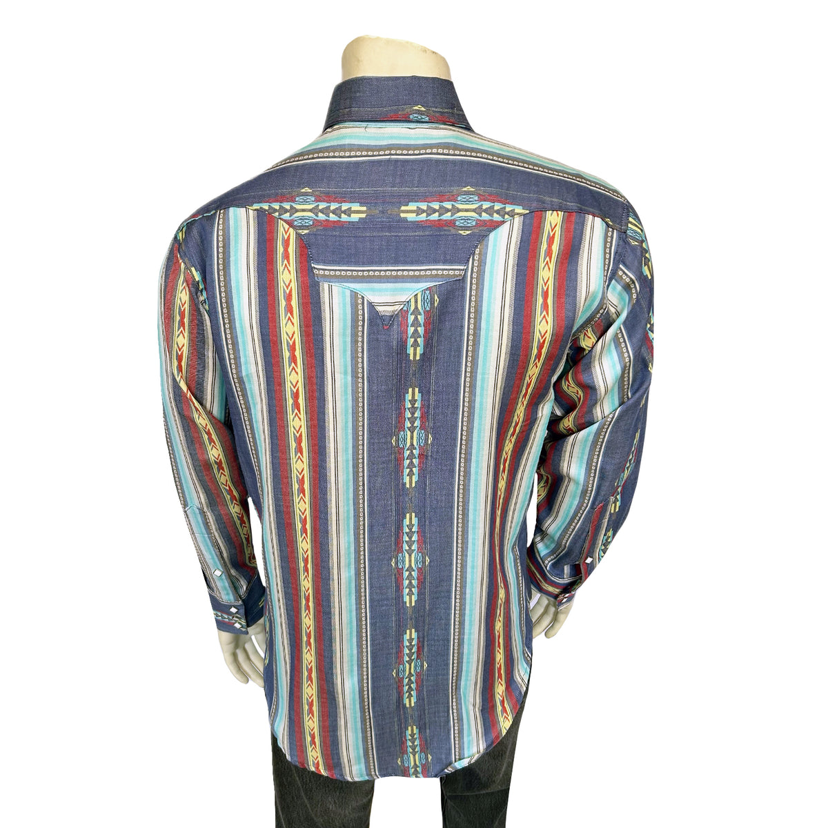 Men's Serape Pattern Western Shirt in Blue by Rockmount Ranch Wear with vintage fringe and diamond snaps