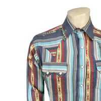 Men's Serape Pattern Western Shirt in Blue Rockmount Ranch Wear with snap button shirt and sawtooth pocket