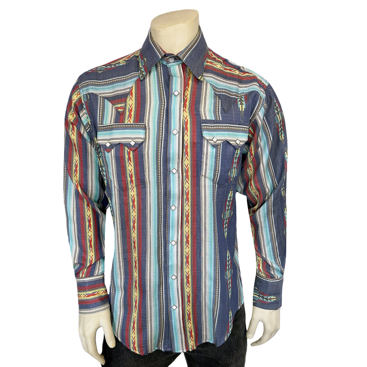 Men's Serape Pattern Western Shirt in Blue by Rockmount Ranch Wear with sawtooth pocket and Diamond snaps