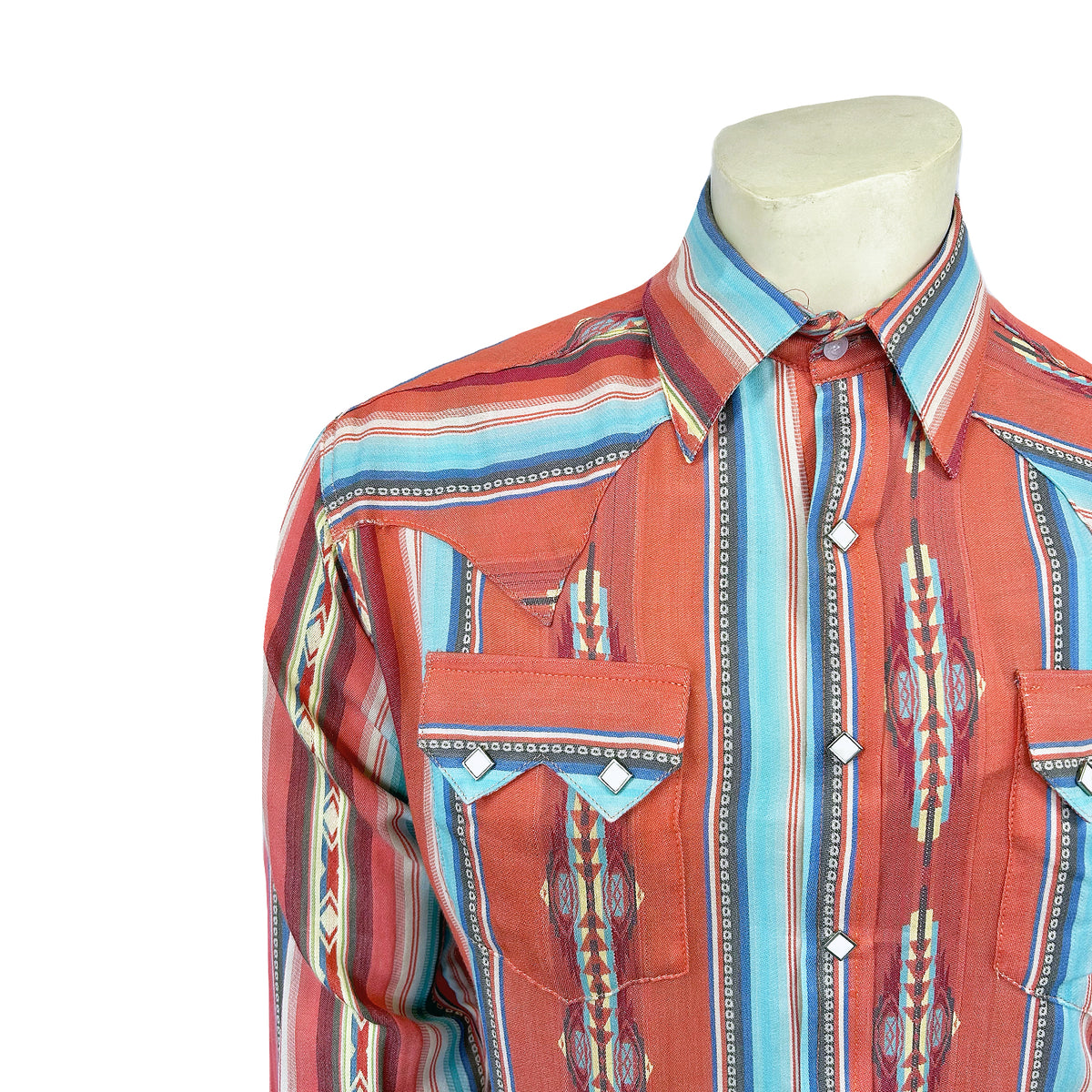 Men's Serape Pattern Western Shirt in Coral Rockmount Ranch Wear with sawtooth pocket and diamond snaps