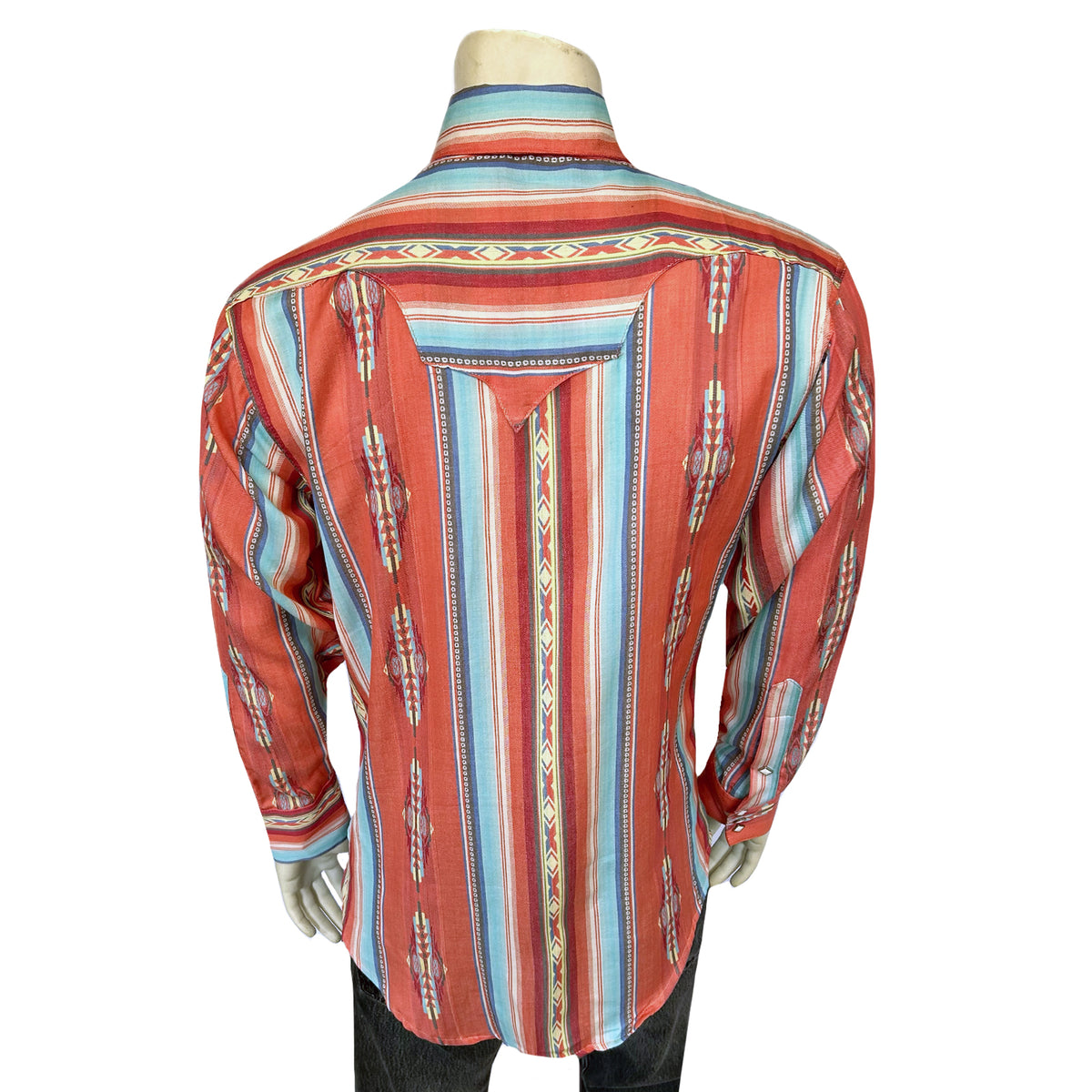 Men's Serape Pattern Western Shirt in Coral by Rockmount Ranch Wear with fringe and sawtooth pockets
