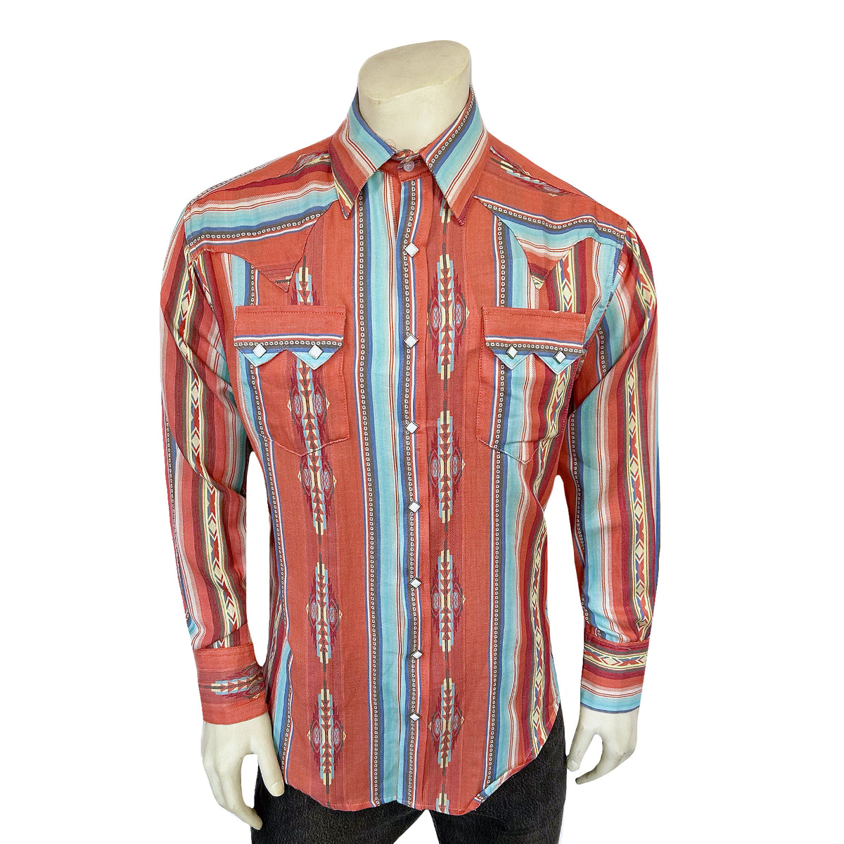 Men's Serape Pattern Western Shirt in Coral by Rockmount Ranch Wear with snap button shirt details