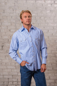 Men's Fine Blue Stripe Western Shirt by Rockmount Ranch Wear in vintage blue with sawtooth pocket and snaps