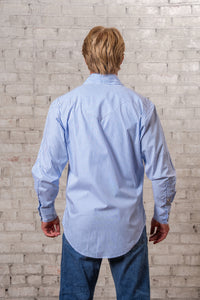 Men's Fine Blue Stripe Western Shirt Rockmount Ranch Wear with sawtooth pocket design and diamond snaps