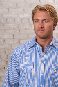Men's Fine Blue Stripe Western Shirt by Rockmount Ranch Wear, sawtooth pocket design with diamond snaps