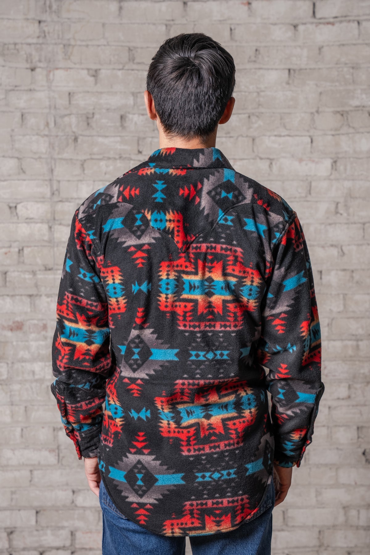 Men's Native Pattern Fleece Western Shirt in Black by Rockmount Ranch Wear with diamond snap front