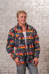 Men's Native American inspired pattern fleece western shirt in black and red by Rockmount Ranch Wear, sawtooth pockets