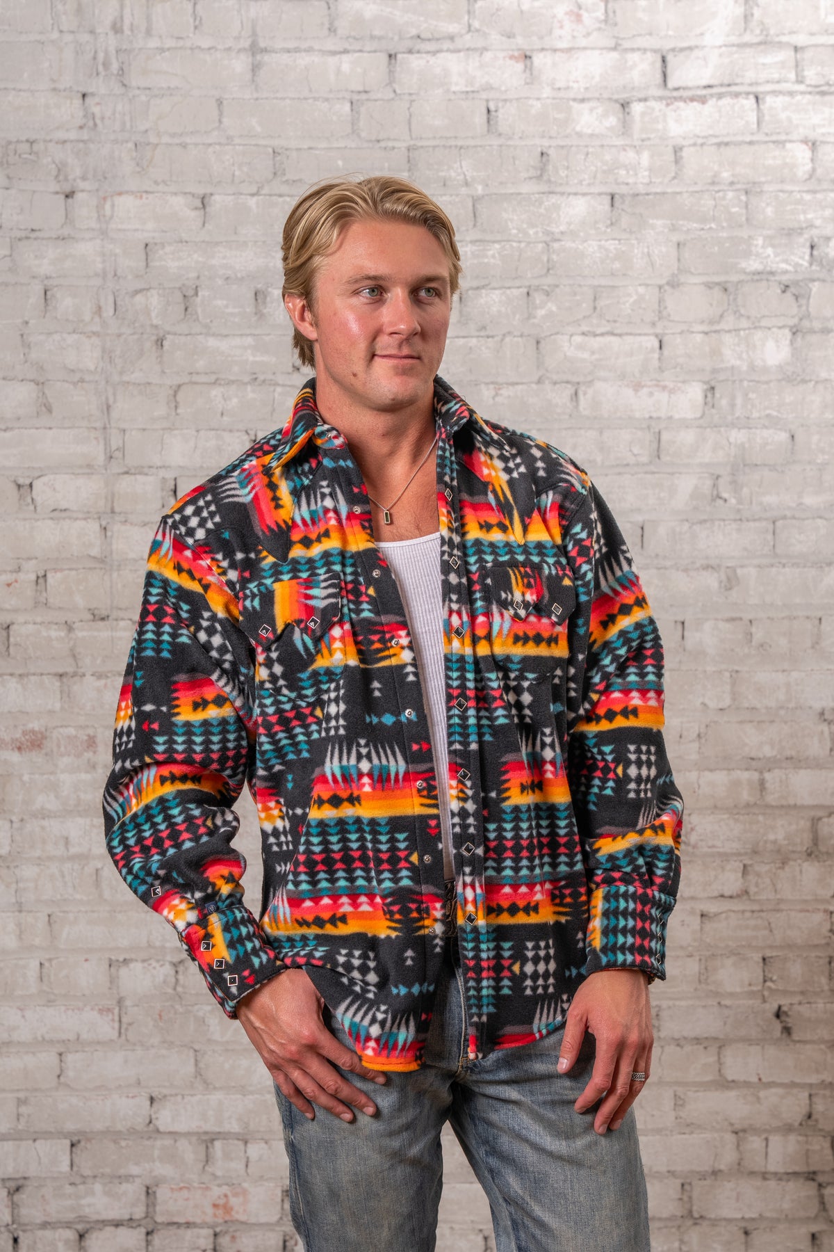 Men's Native American inspired pattern fleece western shirt in black and red by Rockmount Ranch Wear, sawtooth pockets