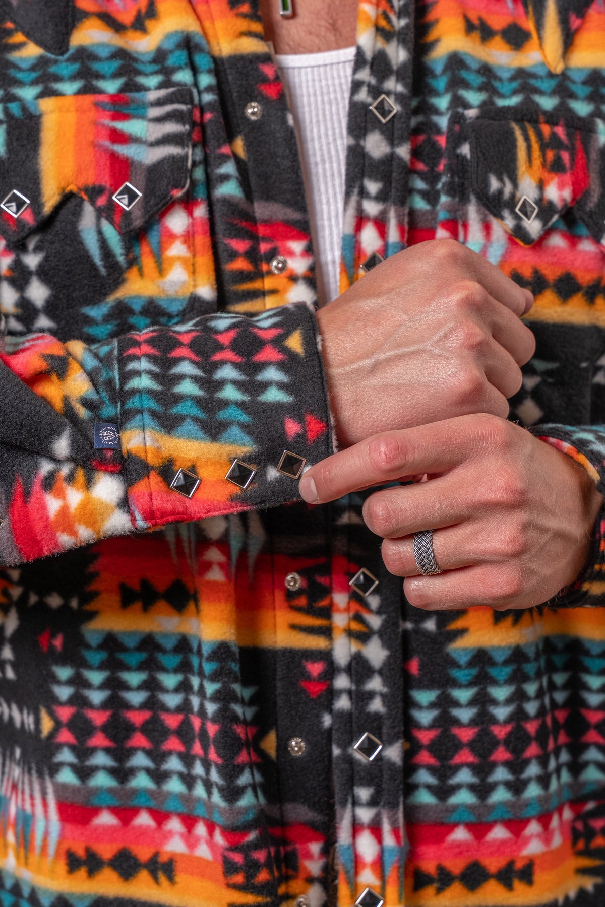 Men's Native American Inspired Pattern Fleece Western Shirt by Rockmount Ranch Wear, black fleece with snap front