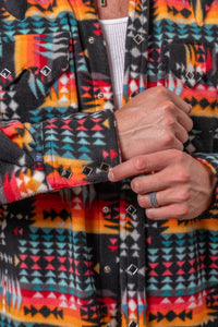 Men's Native American Inspired Pattern Fleece Western Shirt by Rockmount Ranch Wear, black fleece with snap front