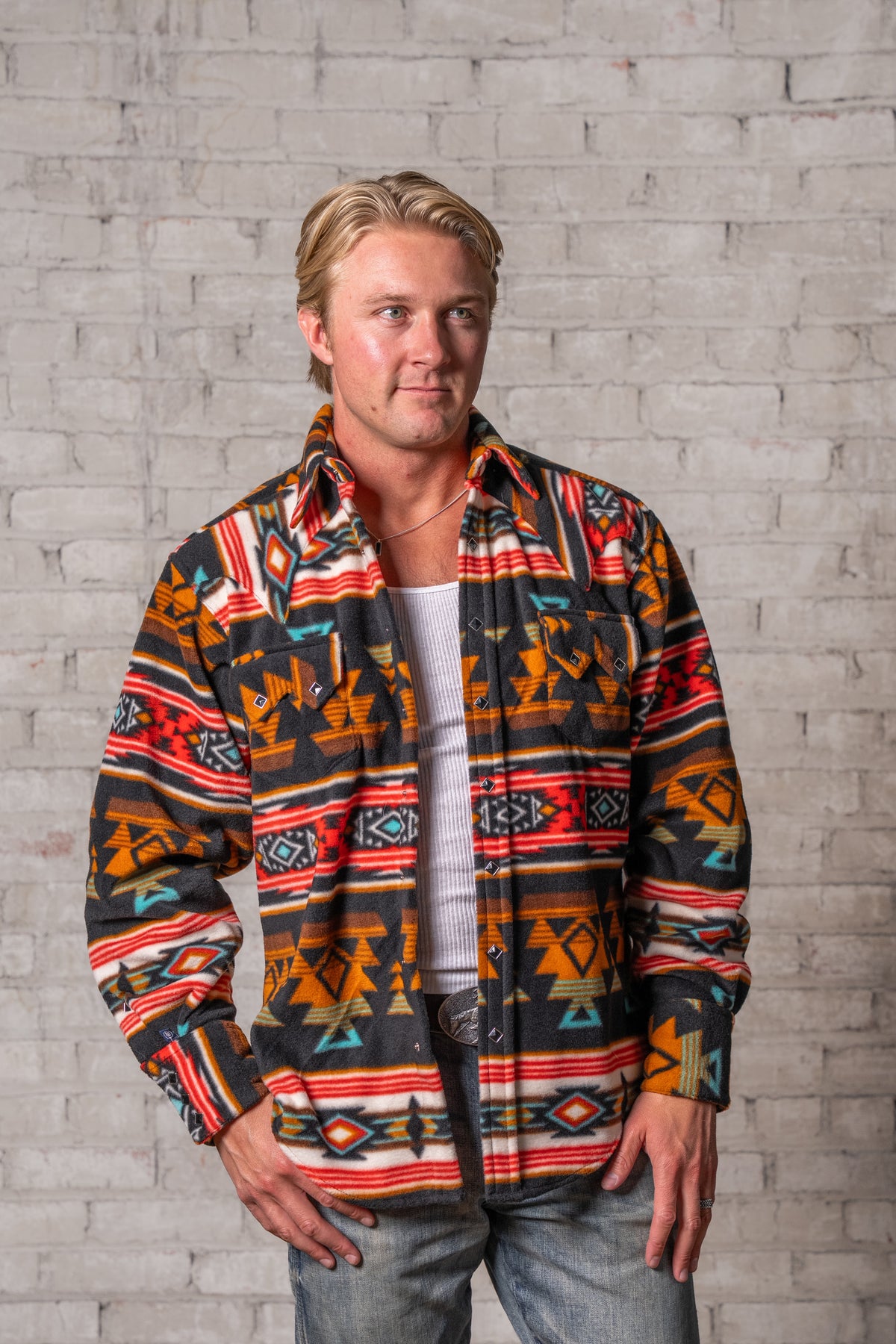 Men's Native American Inspired Pattern Fleece Western Shirt in black with Rockmount Ranch Wear Diamond snaps