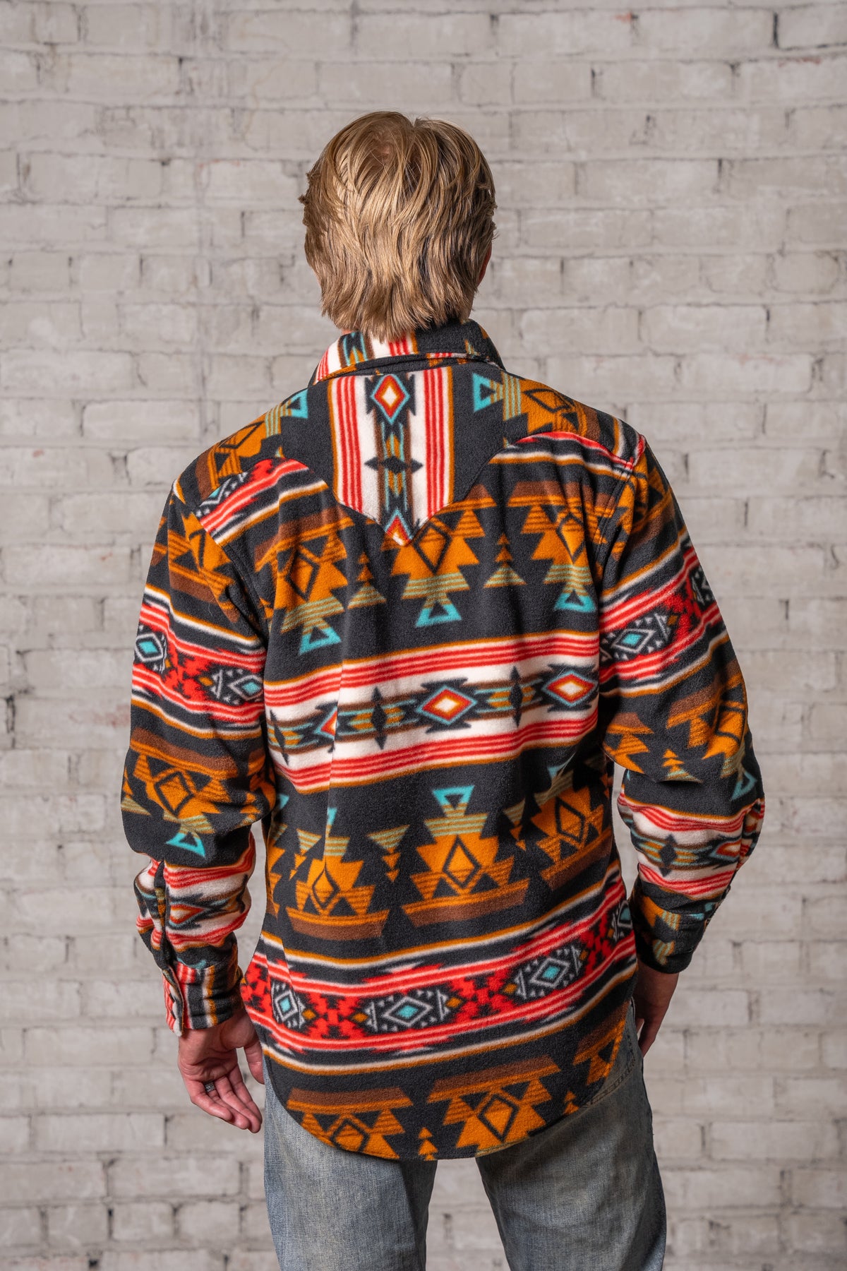 Men's Native American Inspired Pattern Fleece Western Shirt in black and rust by Rockmount Ranch Wear