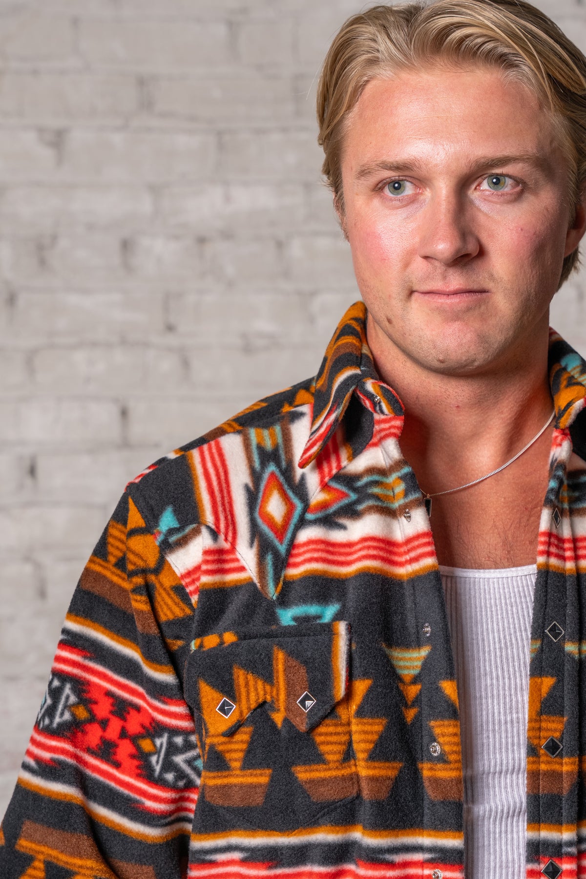 Men's Native American inspired pattern fleece western shirt in black and rust, Rockmount Ranch Wear, Diamond snaps