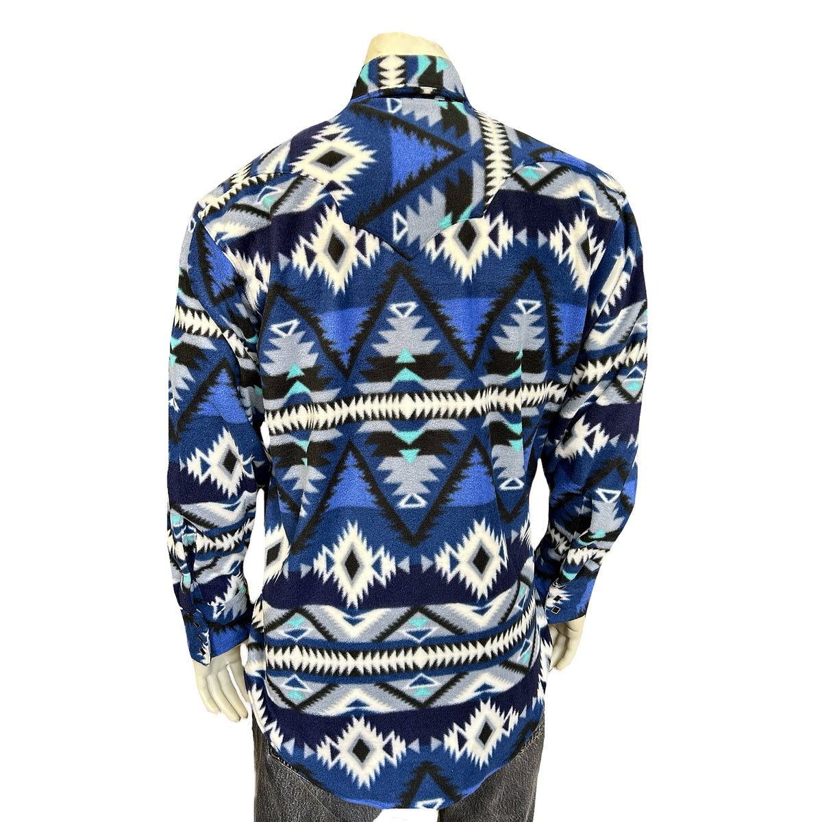 Men's Native American Inspired Pattern Fleece Western Shirt Rockmount Ranch Wear blue fleece with diamond snaps