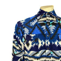 Men's Native American inspired pattern fleece western shirt in blue and black with sawtooth pocket and diamond snaps