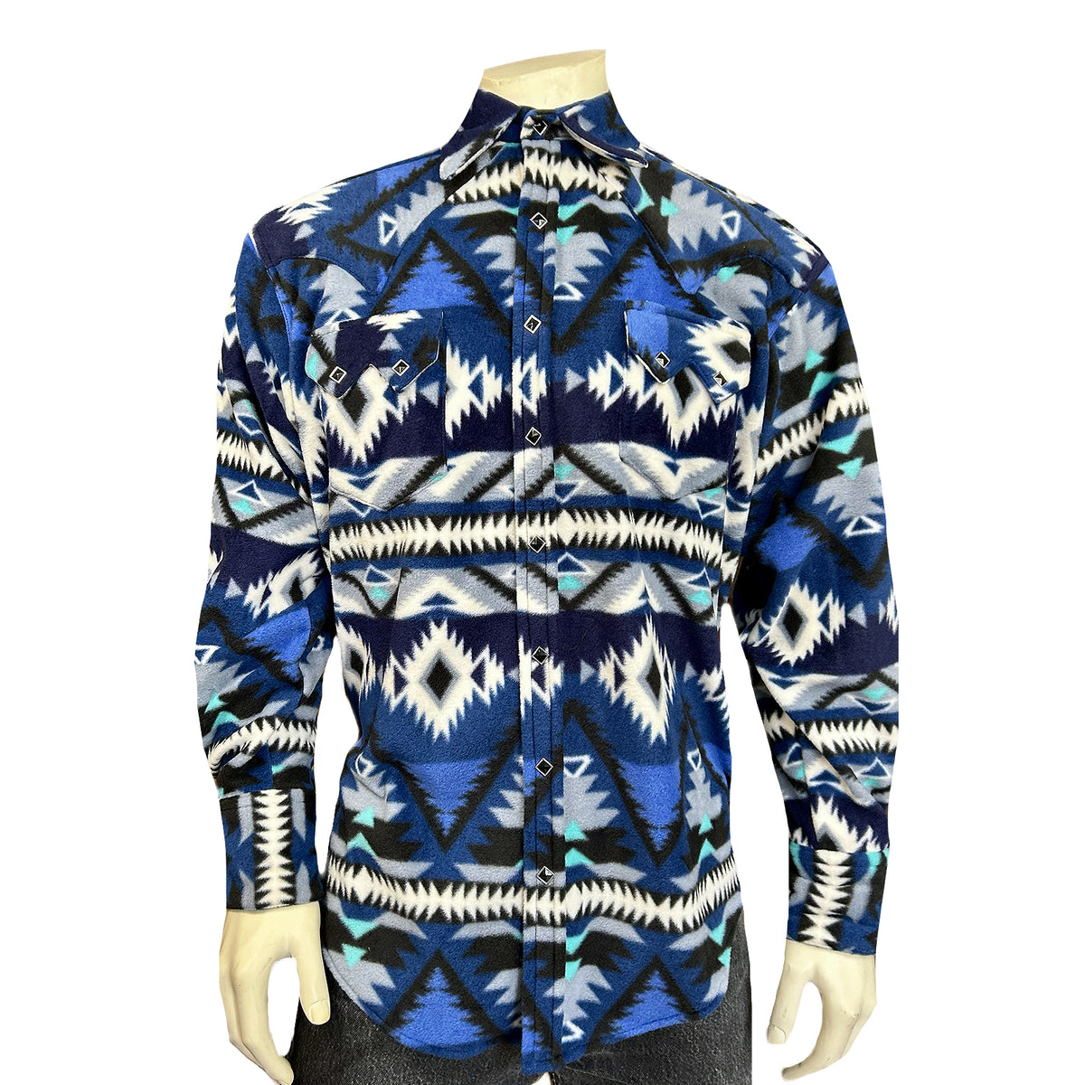 Men's Native American Inspired Pattern Fleece Western Shirt Rockmount Ranch Wear in vintage blue with diamond snaps