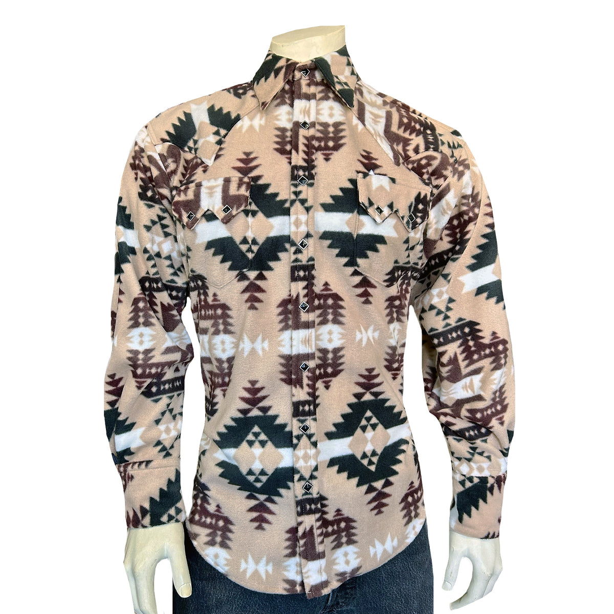Men's Native American Inspired Pattern Fleece Western Shirt Rockmount Ranch Wear in brown and tan with diamond snap front