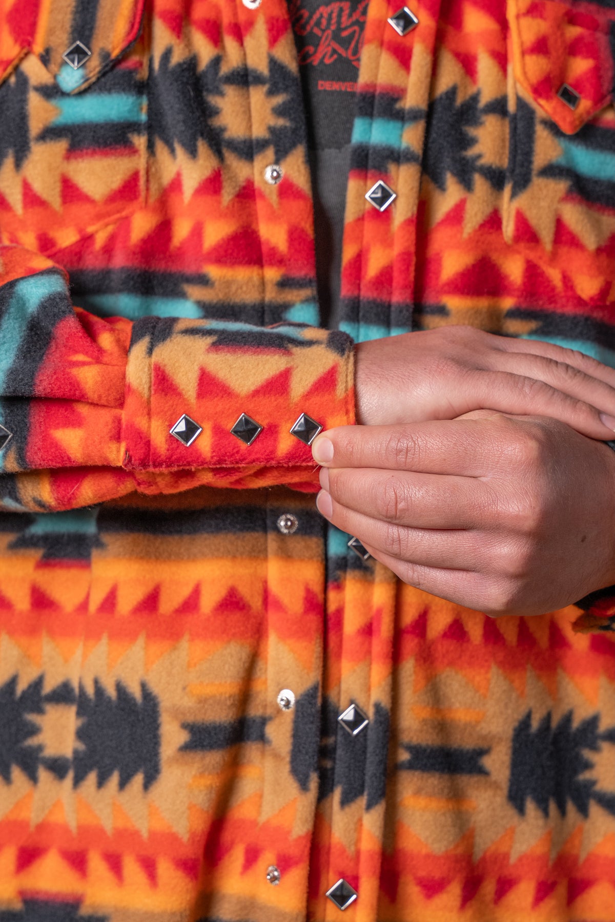 Men's Native American Inspired Pattern Fleece Western Shirt in Red and Black by Rockmount Ranch Wear with diamond snap front
