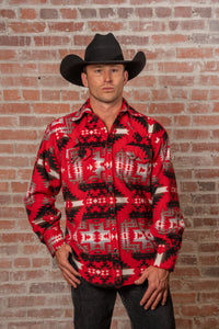 Men's Native American inspired pattern fleece western shirt in red and grey by Rockmount Ranch Wear with fleece material