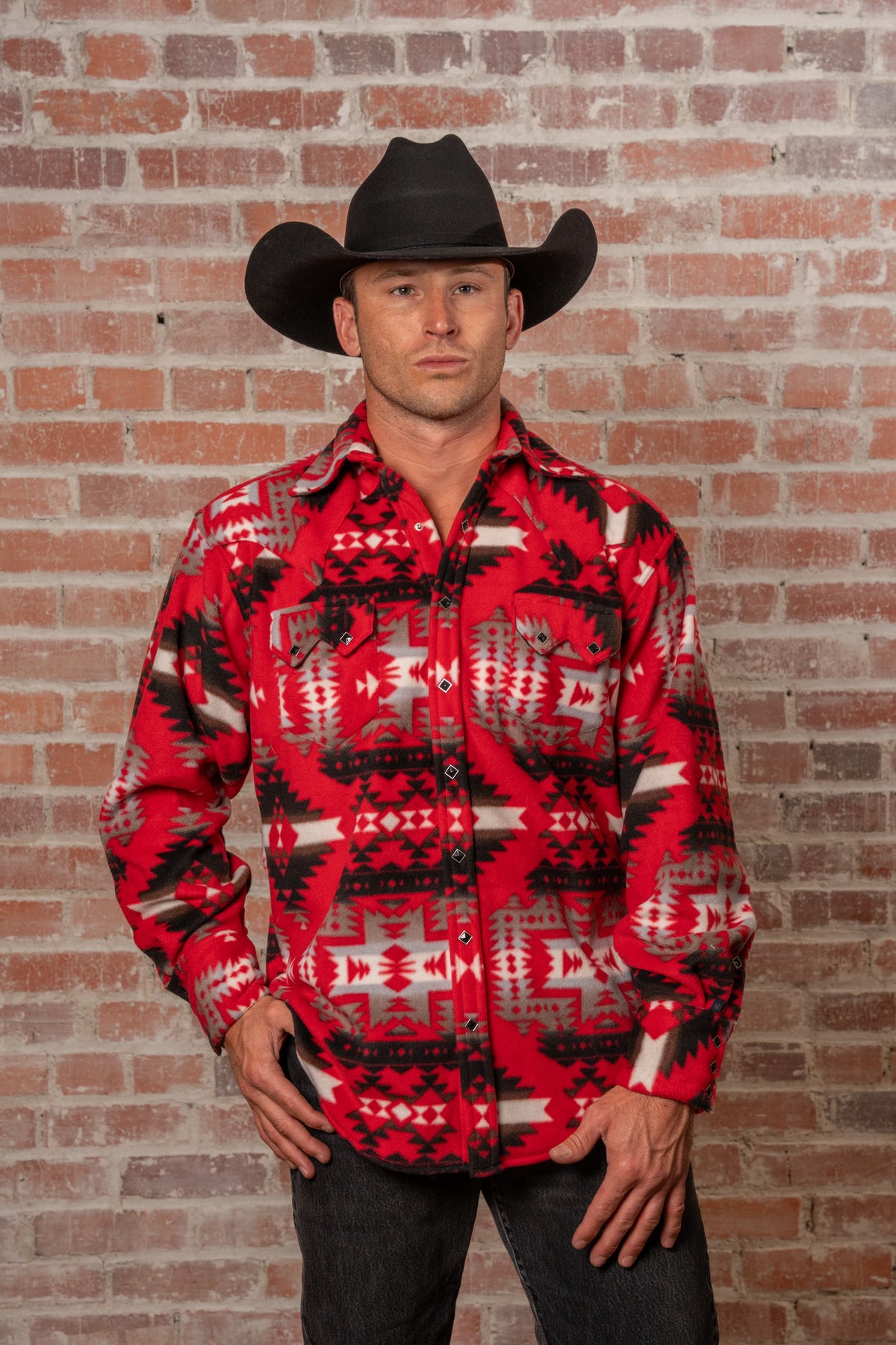Men's Native American inspired pattern fleece western shirt in red and grey by Rockmount Ranch Wear with fleece material