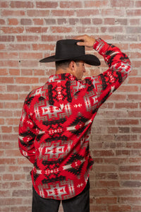 Men's Native American inspired pattern fleece western shirt in red and grey by Rockmount Ranch Wear with fleece