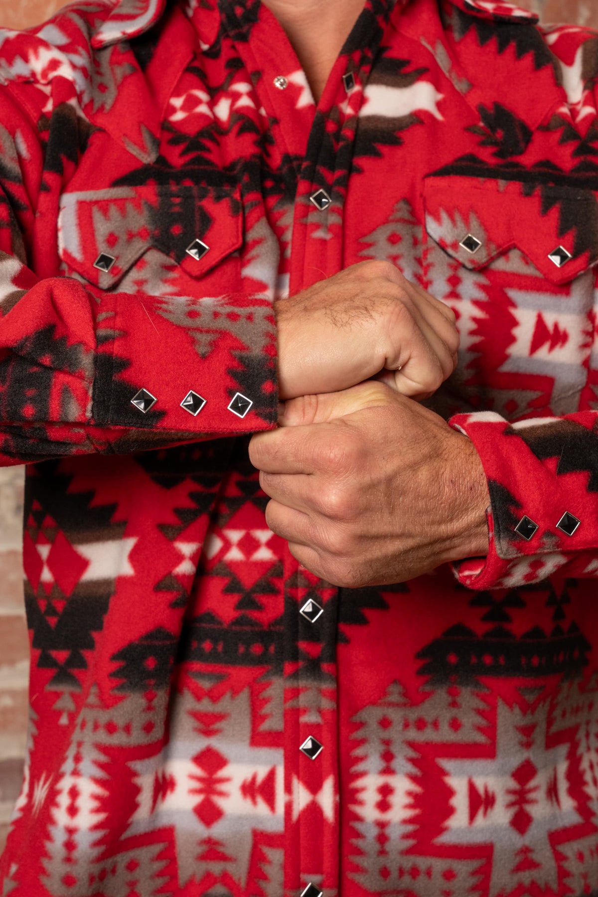 Men's Native American Inspired Pattern Fleece Western Shirt Rockmount Ranch Wear in red and grey fleece with snap front