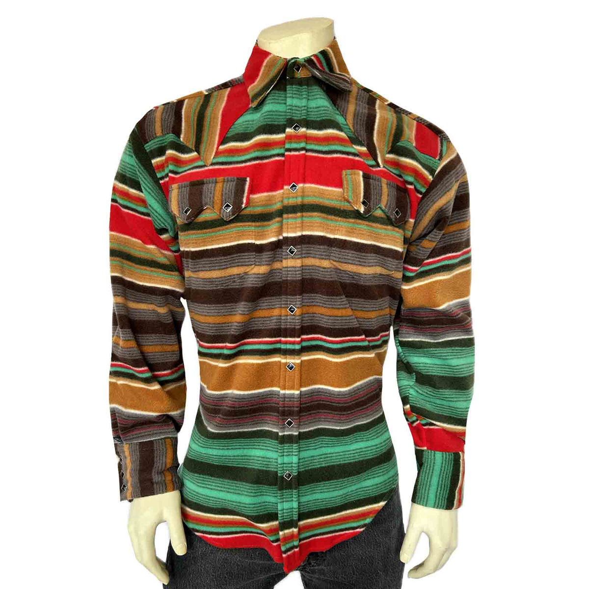 Men's Serape Pattern Fleece Western Shirt in brown and green by Rockmount Ranch Wear, sawtooth pockets and diamond snap closures