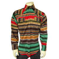 Men's Serape Pattern Fleece Western Shirt in brown and green by Rockmount Ranch Wear, sawtooth pockets and diamond snap closures