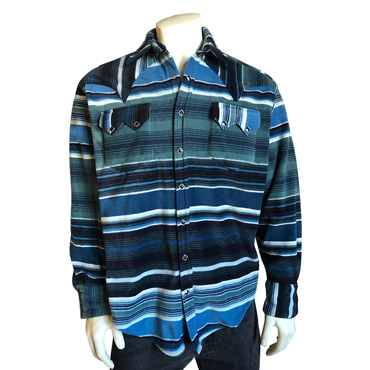 Men's Serape Pattern Fleece Western Shirt in Blue and Navy by Rockmount Ranch Wear, sawtooth pockets and diamond snap front