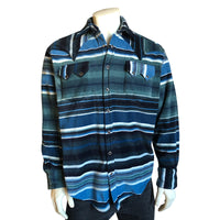 Men's Serape Pattern Fleece Western Shirt in Blue and Navy by Rockmount Ranch Wear, sawtooth pockets and diamond snap front
