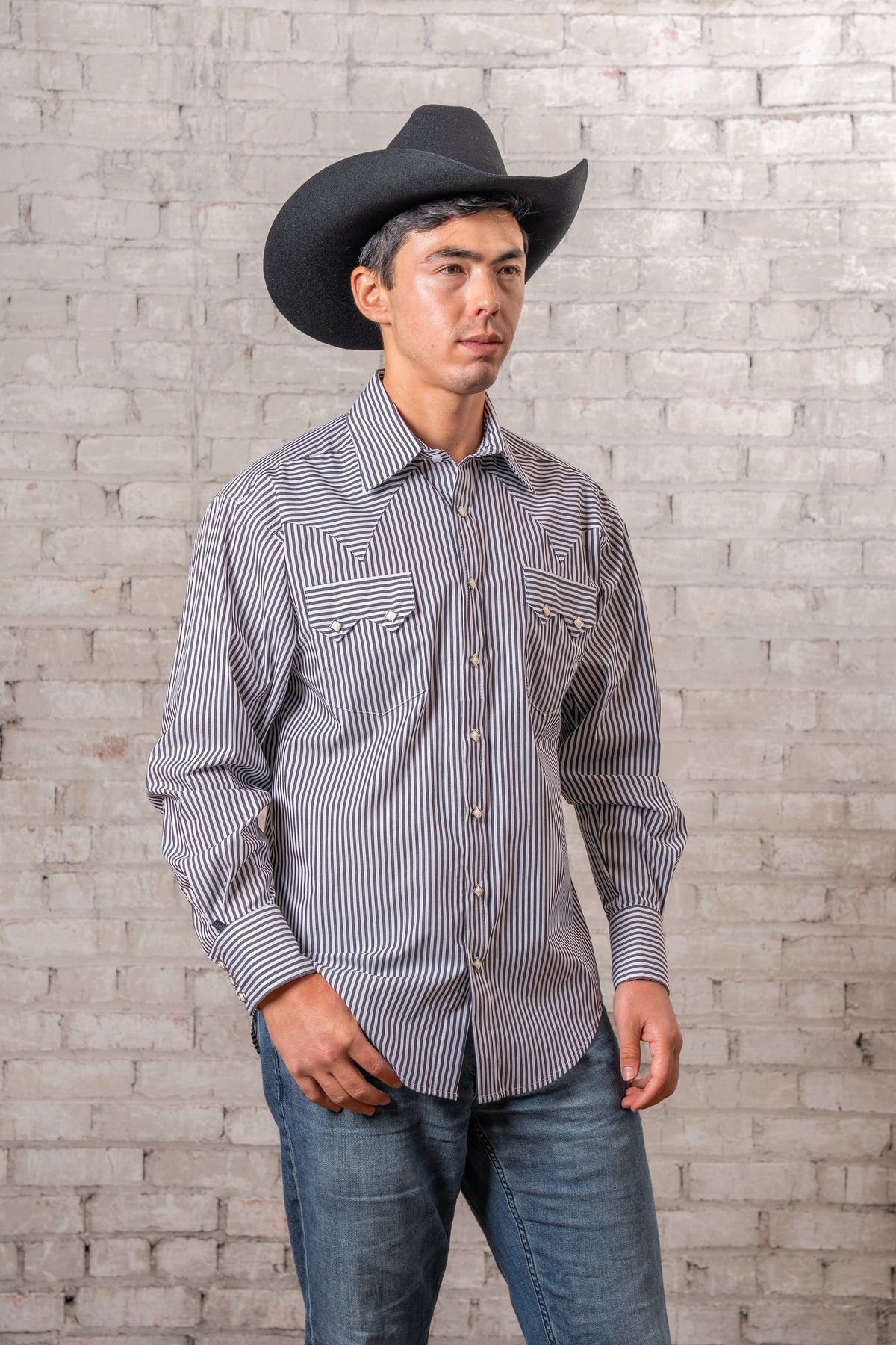 Men's Fine Black Stripe Western Shirt by Rockmount Ranch Wear, sawtooth pocket shirt with snap closures