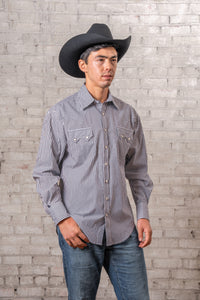 Men's Fine Black Stripe Western Shirt by Rockmount Ranch Wear, sawtooth pocket shirt with snap closures