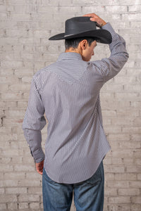 Men's Fine Black Stripe Western Shirt by Rockmount Ranch Wear in vintage fringe snap-front style