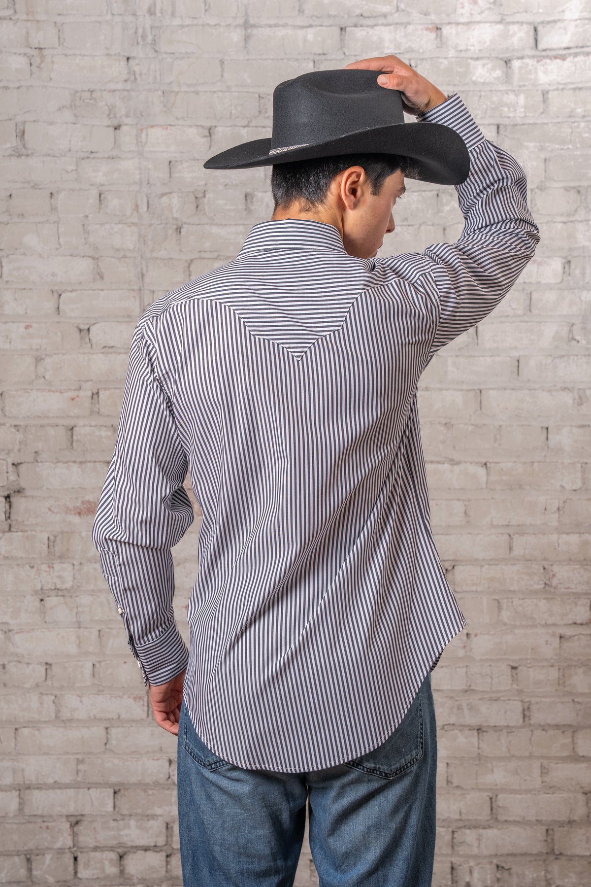 Men's Fine Black Stripe Western Shirt by Rockmount Ranch Wear in vintage fringe snap-front style