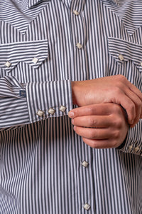 Men's Fine Black Stripe Western Shirt by Rockmount Ranch Wear, pearl snap western shirt with sawtooth pocket